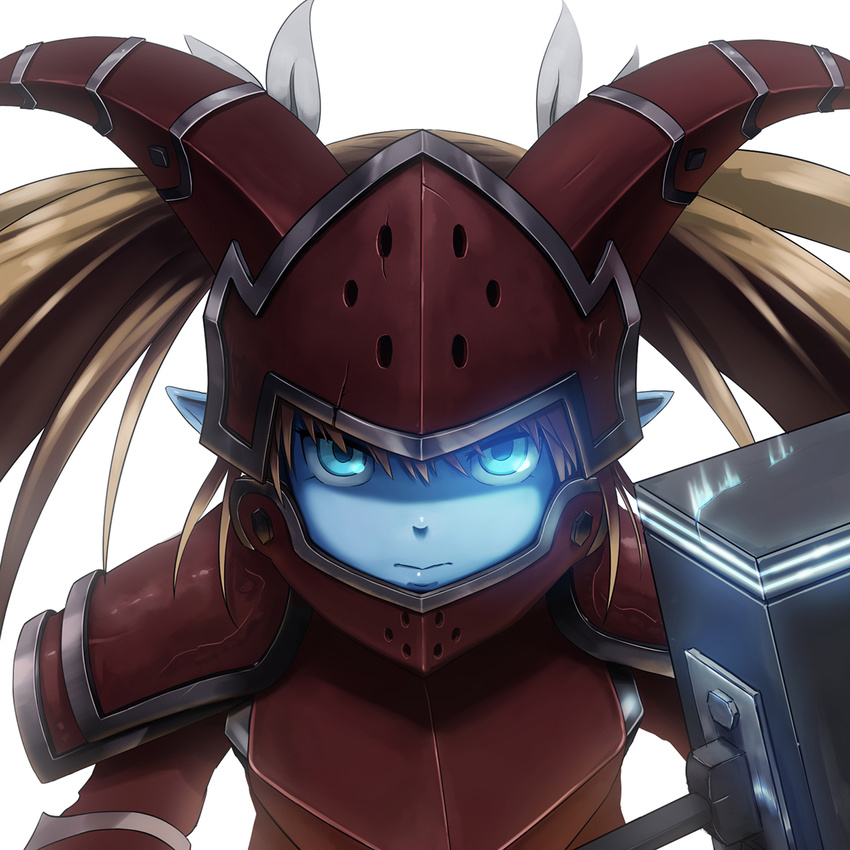 armor blonde_hair blue_eyes blue_skin damaged hair_ribbon helmet highres horns league_of_legends looking_at_viewer mocco_(sachima) pointy_ears poppy ribbon solo twintails warhammer weapon yordle