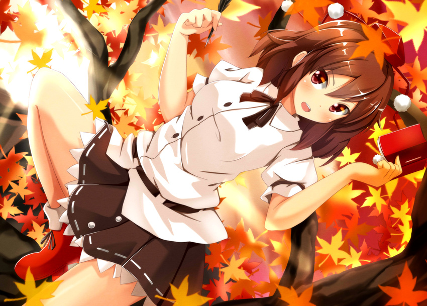 :d :o autumn_leaves blouse blush brown_hair buttons dutch_angle geta hat leaf looking_at_viewer maple_leaf notebook ok-ray open_mouth pen pleated_skirt puffy_short_sleeves puffy_sleeves red_eyes shameimaru_aya shirt short_hair short_sleeves skirt smile solo tengu-geta thighs tokin_hat touhou tree tree_branch