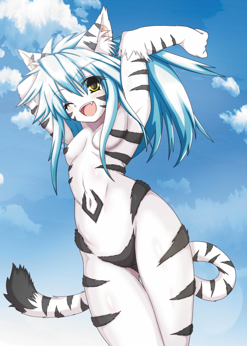 animal_ears armpits arms_up bad_id bad_pixiv_id blue_hair cloud day from_below fuurin_rei highres long_hair nude open_mouth original sky smile solo tail tomoyan_(nyakkoya) yellow_eyes