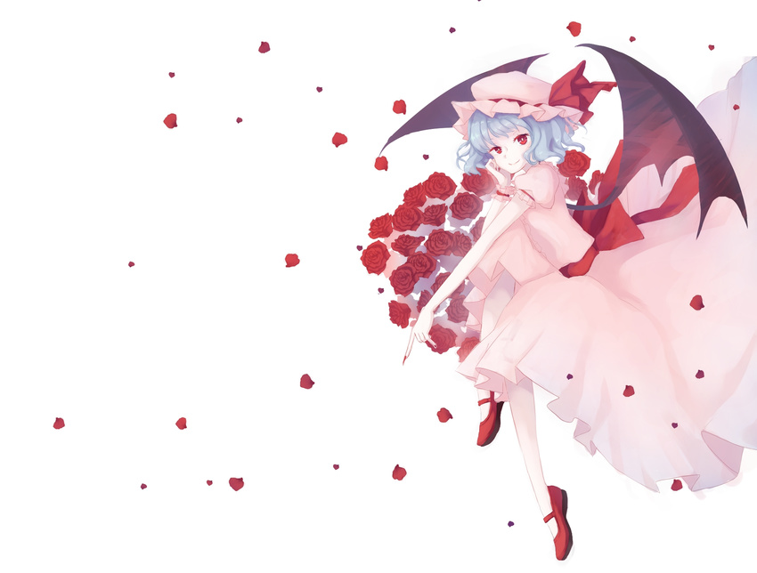 bad_id bad_pixiv_id bat_wings blue_hair dress fingernails flower hat hat_ribbon highres long_fingernails mary_janes mob_cap nail_polish petals red_eyes red_flower red_rose remilia_scarlet ribbon rose sash sharp_fingernails shinigami_(pixiv4727902) shoes short_hair smile solo touhou wings