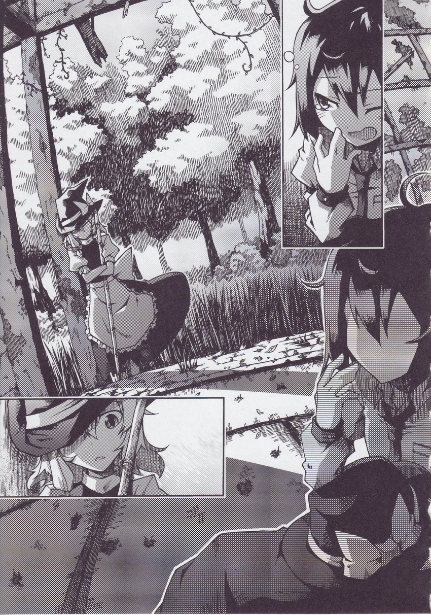 absurdres akakage_red bow braid comic crossed_arms doujinshi faceless greyscale hair_bow hat hat_over_one_eye headwear_removed highres kirisame_marisa monochrome multiple_girls necktie open_mouth pillar plant ribbon scan short_hair skirt touhou usami_renko vines witch_hat yawning