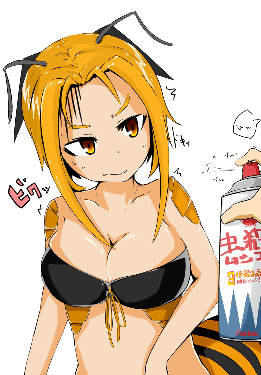 absurdres antennae bad_id bad_pixiv_id bandeau bee_girl blonde_hair breasts bug_spray cleavage gaju_(akia73) highres insect_girl large_breasts monster_girl original shiny shiny_skin short_hair simple_background skindentation white_background yellow_eyes