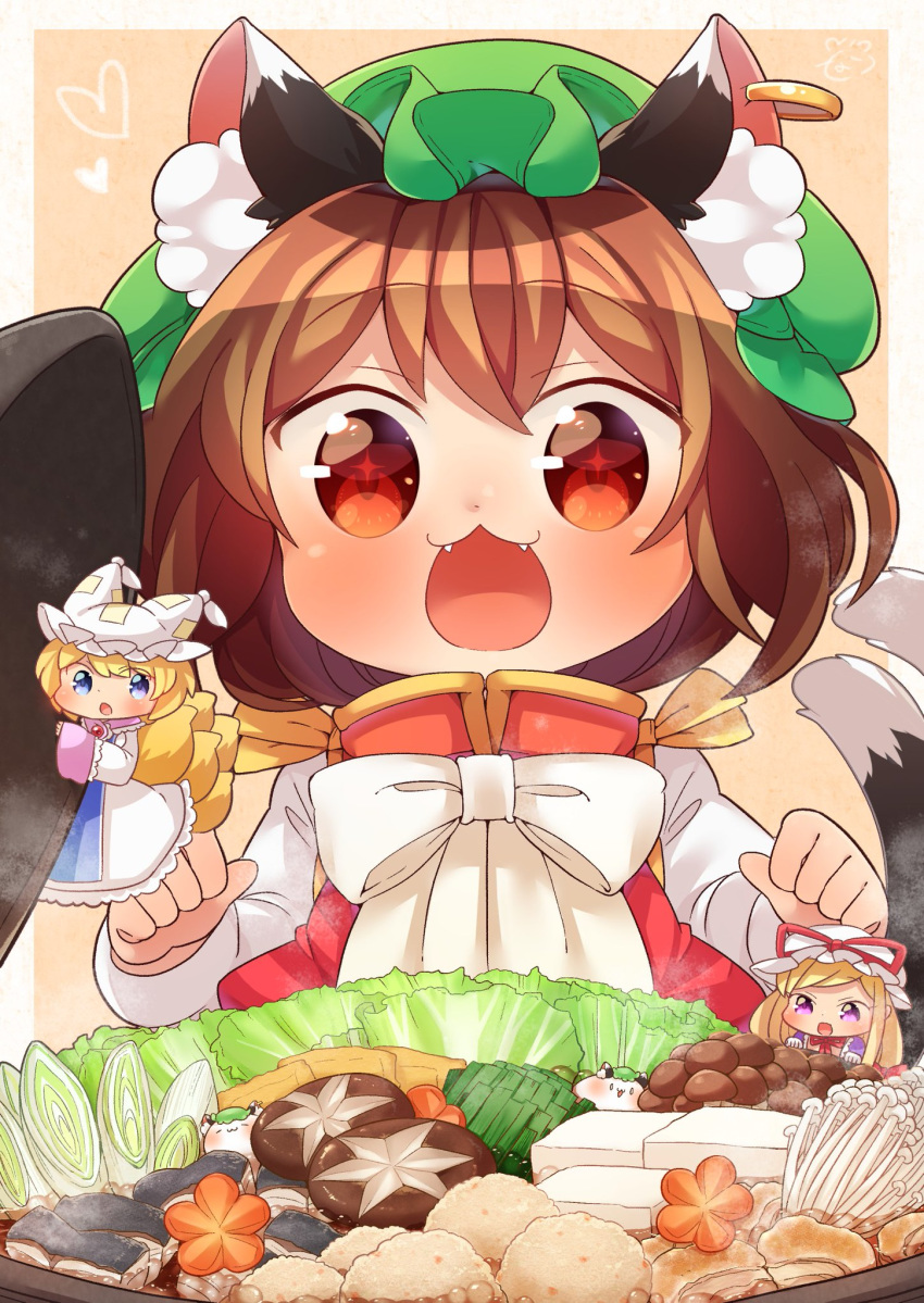 +_+ 3girls :3 :o animal_ear_fluff animal_ears bangs blonde_hair blue_eyes brown_hair cabbage carrot cat_ears cat_tail chen chibi commentary_request dress fangs food fox_tail hat hat_ribbon hat_with_ears heart high_collar highres ibaraki_natou jewelry long_hair long_sleeves looking_at_viewer minigirl mob_cap mochen mochi multiple_girls multiple_tails mushroom neck_ribbon ofuda open_mouth pink_background purple_eyes red_eyes red_vest ribbon shirt short_hair simple_background single_earring sukiyaki swept_bangs tabard tail tofu touhou upper_body vest white_dress white_neckwear white_shirt yakumo_ran yakumo_yukari