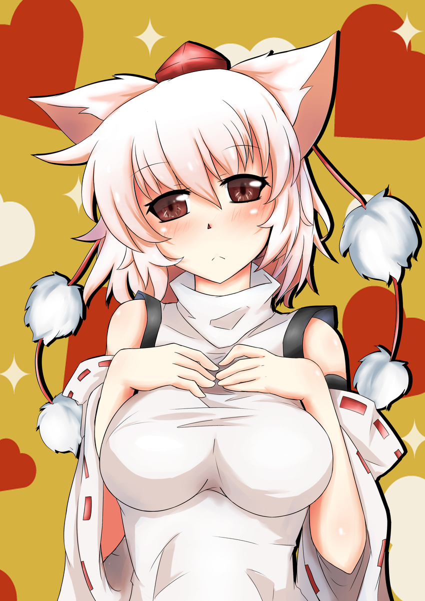 :&lt; absurdres animal_ears bare_shoulders blush breasts brown_eyes detached_sleeves fps hand_on_own_chest hat heart highres impossible_clothes inubashiri_momiji large_breasts looking_at_viewer short_hair silver_hair solo tokin_hat touhou wolf_ears