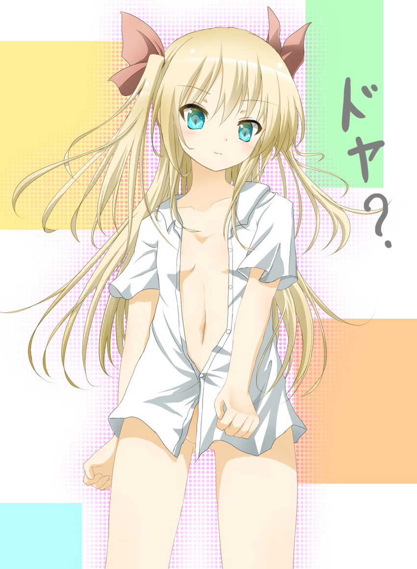 1girl aqua_eyes blonde_hair blush bow hair_bow inu_(mezonsidepark) long_hair naked_shirt navel open_clothes open_shirt original shirt smile smug solo twintails