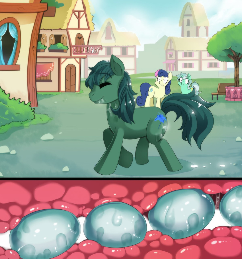 bonbon_(mlp) earth_pony egg equine freedomthai friendship_is_magic fur green_fur horn horse internal lyra_heartstrings_(mlp) male mammal my_little_pony original_character oviposition poison_joke pony public unicorn wet