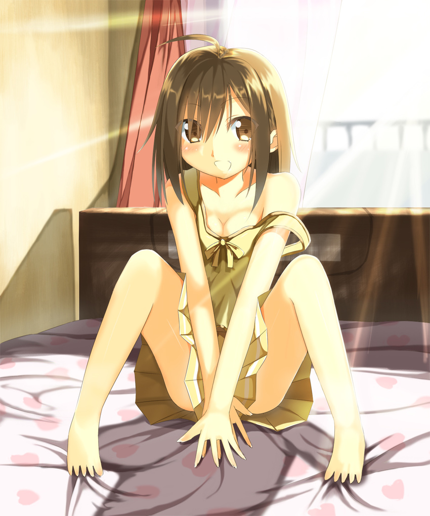 :d ahoge ayataka backlighting bare_shoulders barefoot blush breasts brown_eyes brown_hair cleavage curtains highres indoors medium_breasts off_shoulder on_bed open_mouth original pleated_skirt sitting skirt smile solo sunlight v_arms