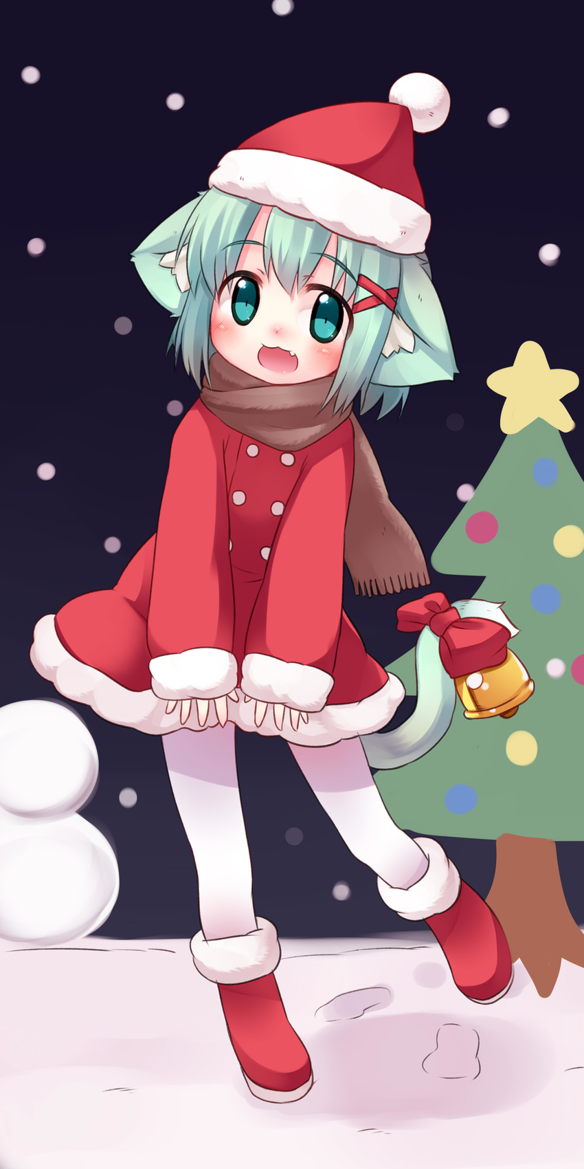 absurdres animal_ears bell blush bow cat_ears cat_tail christmas_tree green_eyes green_hair hat highres kurumi_(ueno_musashi) open_mouth original pantyhose santa_costume santa_hat snowing snowman solo star tail tail_bell tail_bow ueno_musashi white_legwear