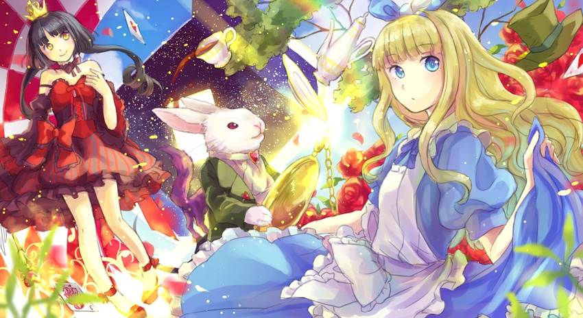 alice_(wonderland) alice_in_wonderland apron black_hair blonde_hair blue_eyes bow bunny checkered choker corset crown cup dress formal frills hair_bow hat long_hair multiple_girls pocket_watch queen_of_hearts saucer shinigami_(pixiv4727902) smile suit tea teacup teapot top_hat watch white_rabbit yellow_eyes