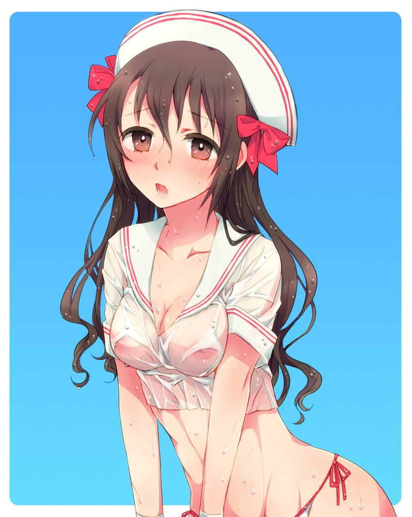 bikini bikini_bottom blue_background blush breasts brown_eyes brown_hair cleavage covered_nipples crop_top full-face_blush hat highres idolmaster idolmaster_cinderella_girls long_hair looking_at_viewer medium_breasts mironomeo nipples open_mouth sailor_collar sailor_hat see-through shimamura_uzuki side-tie_bikini solo swimsuit wet