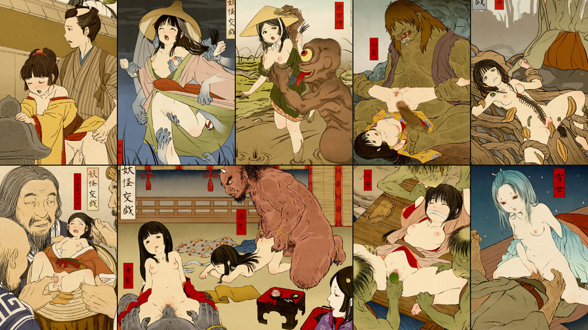 artist_request barefoot black_hair blue_hair clothed_sex cyclops doggystyle gangbang girl_on_top group_sex highres insect japan kappa long_hair monster nude one-eyed oni orgy rape sex size_difference small_breasts