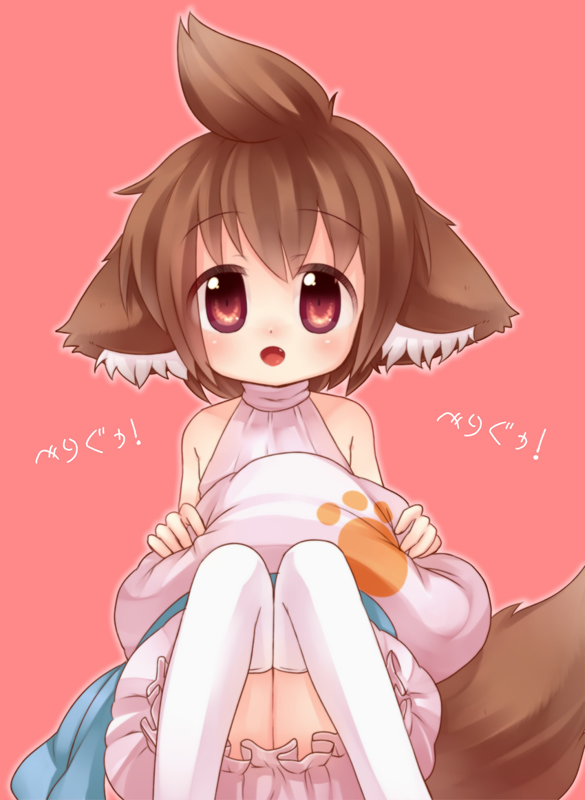 animal_ears blush borrowed_character brown_eyes brown_hair fang highres looking_at_viewer mosuko_(torikura1000) open_mouth original paw_print short_hair simple_background smile solo tail thighhighs ueno_musashi