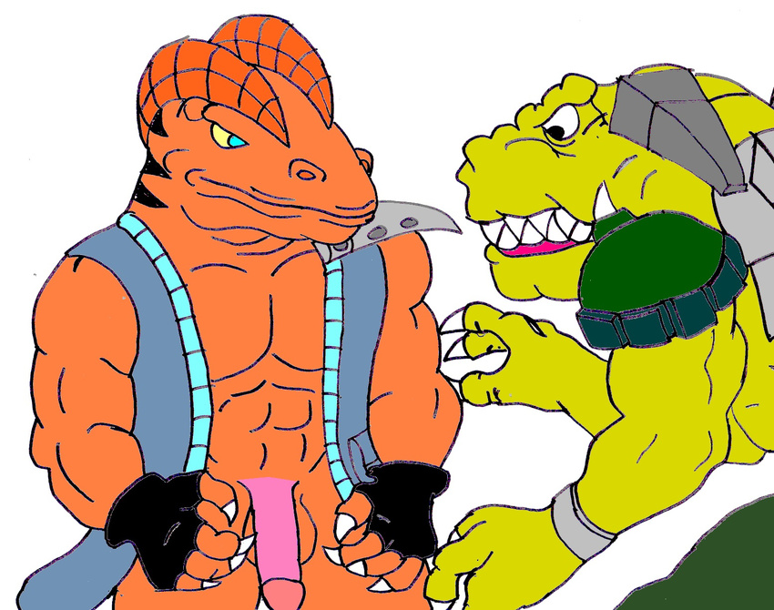 anthro armor balls biceps black_eyes black_skin blue_eyes body_markings brown_skin claws clothing dilophosaurus dinosaur dinosaurs duo extreme extreme_dinosaurs extremedinosaurs fangs gay gloves horn jacket male markings muscles open_shirt pants pecs penis pose reptile ridge ridge_(extreme_dinosaurs) scales scalie shirt standing stripes t-bone t-bone_(extreme_dinosaurs) teeth theropod toned tyrannosaurus_rex unknown_artist