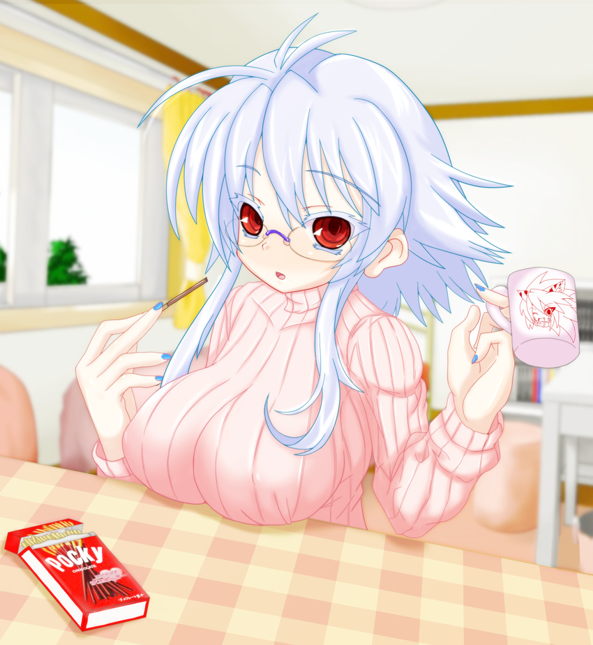 absurdres bad_id bad_pixiv_id breasts food fuurin_rei glasses highres large_breasts long_hair looking_at_viewer original pocky red_eyes solo tomoyan_(nyakkoya) white_hair