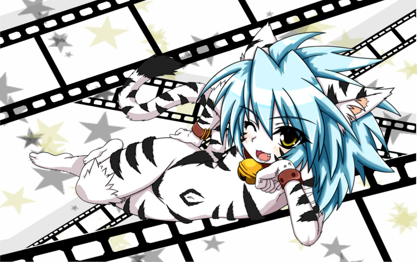 animal_ears bad_id bad_pixiv_id bell blue_hair blush film_strip flat_chest fuurin_rei hand_on_hip jingle_bell long_hair lying one_eye_closed open_mouth original smile solo star tail tomoyan_(nyakkoya) yellow_eyes