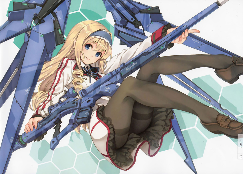 banned_artist black_legwear blonde_hair blue_eyes blue_hairband cecilia_alcott drill_hair gun hairband head_tilt highres infinite_stratos loafers long_hair looking_at_viewer no_shoes pantyhose paseri ribbon scan school_uniform shoes smile solo thighband_pantyhose weapon