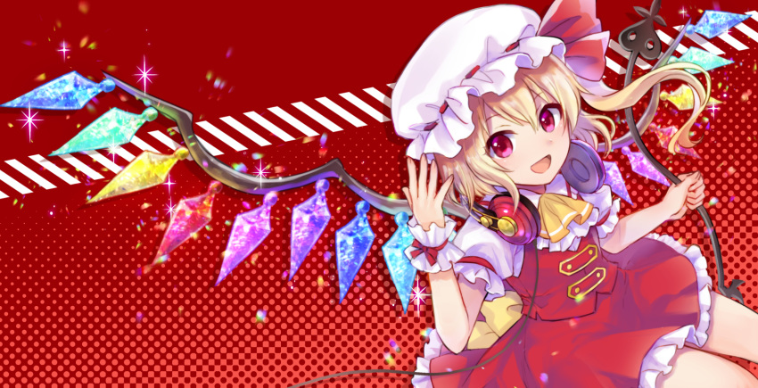 1girl :d arm_up blonde_hair commentary_request cravat cropped_legs crystal fingernails flandre_scarlet frilled_skirt frilled_sleeves frills hair_between_eyes halftone halftone_background hat hat_ribbon headphones headphones_around_neck highres holding holding_weapon laevatein light_particles looking_at_viewer looking_up mob_cap neme open_mouth puffy_short_sleeves puffy_sleeves red_background red_eyes red_skirt red_vest ribbon shirt short_hair short_sleeves side_ponytail skirt smile solo sparkle touhou vest weapon white_shirt wings yellow_neckwear