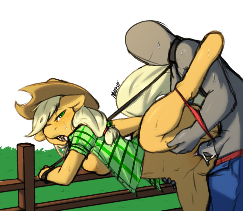 anthro anthrofied applejack_(mlp) avante92 bdsm blonde_hair blush bondage bound breasts clothing collar cowboy_hat cum cutie_mark duo equine erection faceless_male female fence friendship_is_magic fur green_eyes hair hat horse human humanoid_penis leash male mammal my_little_pony open_mouth orange_fur outside panties panties_down penetration penis pony pussy pussy_juice sex straight sweat tongue underwear vaginal vaginal_penetration ych