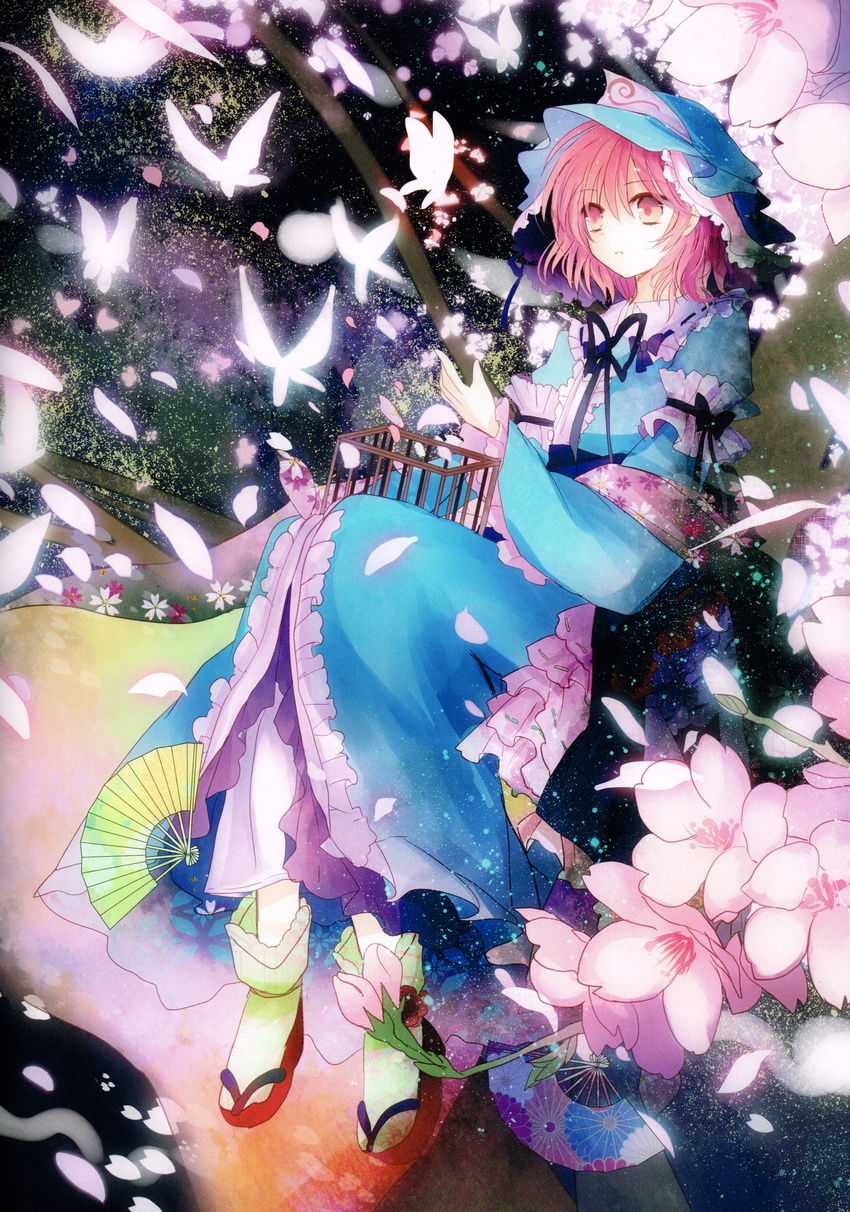 absurdres blue_dress bow bug butterfly cherry_blossoms dress fan flower frilled_dress frills hat highres hitodama huge_filesize insect japanese_clothes kazu_(muchuukai) long_sleeves mob_cap parted_lips petals pink_eyes pink_hair puffy_sleeves saigyouji_yuyuko scan short_hair sitting socks solo touhou triangular_headpiece veil white_legwear wide_sleeves