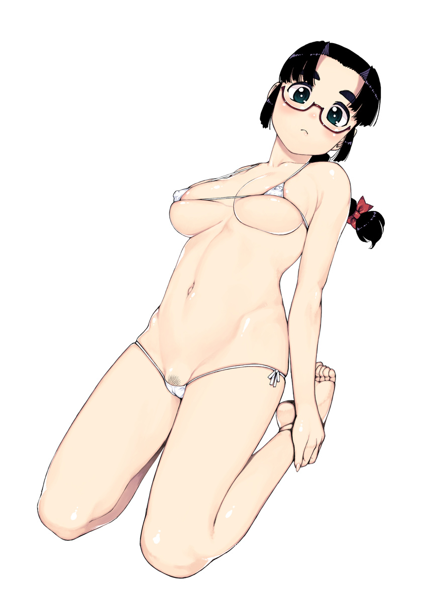 areola_slip areolae barefoot bikini black_hair braid breasts bright_pupils chikaishi_chisato covered_nipples foot_grab full_body green_eyes hamada_yoshikazu hands_on_feet highres large_breasts legs_folded long_hair looking_at_viewer low-tied_long_hair lowleg lowleg_bikini micro_bikini navel official_art plantar_flexion pubic_hair semi-rimless_eyewear shiny shiny_skin side-tie_bikini simple_background single_braid soles solo swimsuit tsugumomo white_background