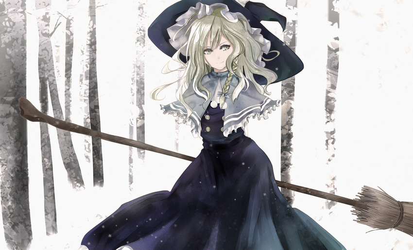 arms_behind_back blonde_hair bow braid broom capelet forest hair_bow hat kirisame_marisa long_hair looking_at_viewer nature outdoors shiina_shian single_braid skirt skirt_set smile solo touhou white_background witch_hat yellow_eyes