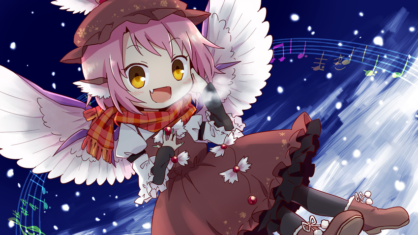 animal_ears beamed_eighth_notes dotted_quarter_note dress eighth_note fang grace_note hat highres musical_note mystia_lorelei open_mouth pink_hair quarter_note scarf sharp_sign short_hair smile snow solo staccato staff_(music) time_signature touhou treble_clef wings yamabuki_(yusuraume) yellow_eyes