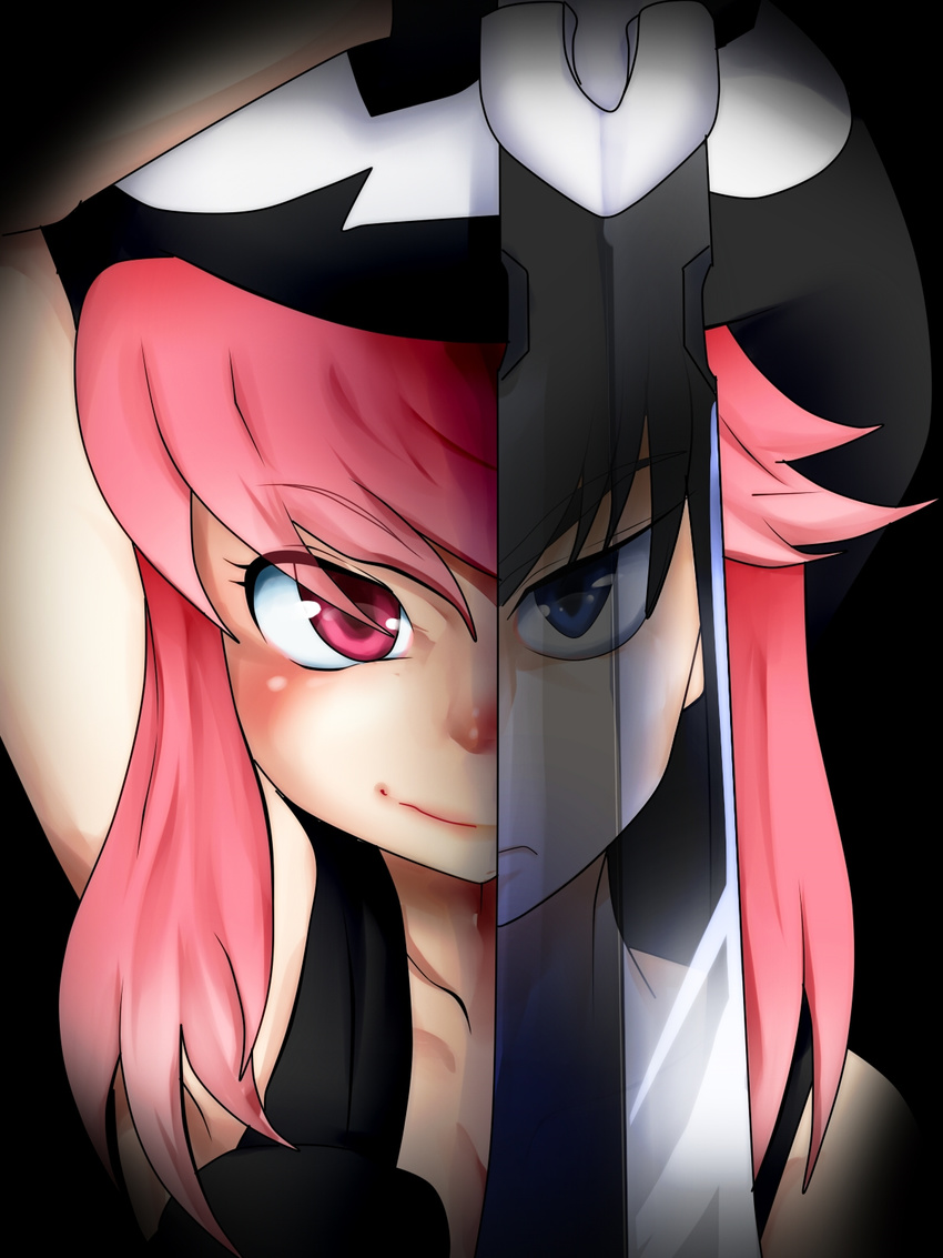 hat highres jakuzure_nonon kill_la_kill kiryuuin_satsuki multiple_girls nabe_(ingenmame) nudist_beach_uniform pink_eyes pink_hair reflection sidelocks skull_print sword weapon