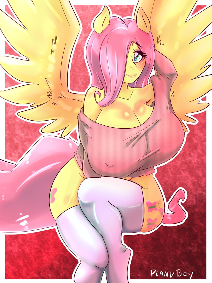 anthro anthrofied big_breasts blue_eyes breasts cleavage clothed clothing cutie_mark equine eyeshdow female fluttershy_(mlp) friendship_is_magic fur group hair horse legwear looking_at_viewer mammal my_little_pony pegasus pink_hair plankboy pony rubber shirt sitting socks solo stockings thigh_highs wings yellow_fur