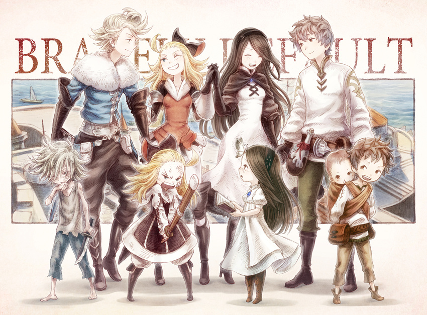 3boys age_comparison agnes_oblige blonde_hair blue_eyes blush book boots bow bravely_default:_flying_fairy bravely_default_(series) breasts brown_eyes brown_hair dress edea_lee elbow_gloves gloves hair_bow hairband highres long_hair medium_breasts multiple_boys multiple_girls pantyhose ribbon ringabel satou_kivi short_hair siblings small_breasts smile thighhighs til_oria tiz_oria younger