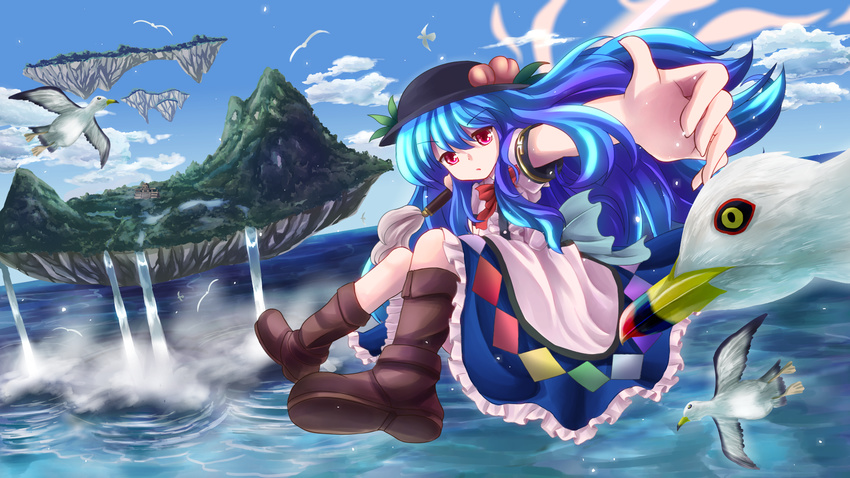 bad_id bad_pixiv_id bird blue_hair blue_sky boots cloud day dress floating_island flying food foreshortening fruit hat highres hinanawi_tenshi knees_together_feet_apart knees_up layered_dress leaf light_particles long_hair looking_at_viewer maru_daizu_(aqua6233) ocean outdoors outstretched_hand parted_lips peach puffy_short_sleeves puffy_sleeves red_eyes seagull short_sleeves sky solo sword_of_hisou touhou water waterfall