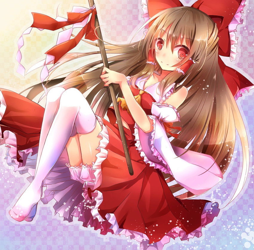 ascot bad_id bad_pixiv_id bare_shoulders bloomers bow brown_hair checkered checkered_background detached_sleeves gohei gradient gradient_background hair_bow hair_tubes hakurei_reimu highres kisaragi_yuri knees_up light_particles long_hair looking_at_viewer no_shoes outline red_eyes sidelocks skirt skirt_set smile solo thighhighs touhou underwear