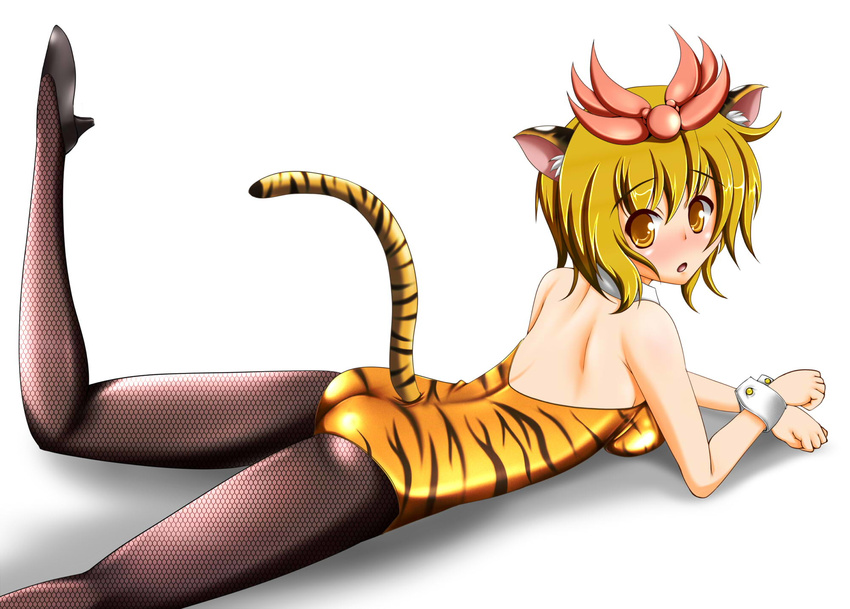 alternate_costume animal_ears animal_print arm_support ass backless_outfit bad_id bad_pixiv_id bare_shoulders blonde_hair blush detached_collar fishnet_pantyhose fishnets hair_ornament high_heels highres kemonomimi_mode leg_up leotard looking_at_viewer lying on_stomach open_mouth pantyhose playboy_bunny_leotard shadow short_hair simple_background solo tail tera_hiroshi tiger_ears tiger_print tiger_tail toramaru_shou touhou white_background wrist_cuffs yellow_eyes