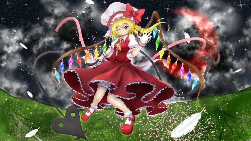 blush bow crescent_moon feathers flandre_scarlet hat hat_bow highres laevatein mary_janes moon one_eye_closed open_hands red_eyes red_moon shoes side_ponytail solo touhou wrist_cuffs ymd_(holudoun)