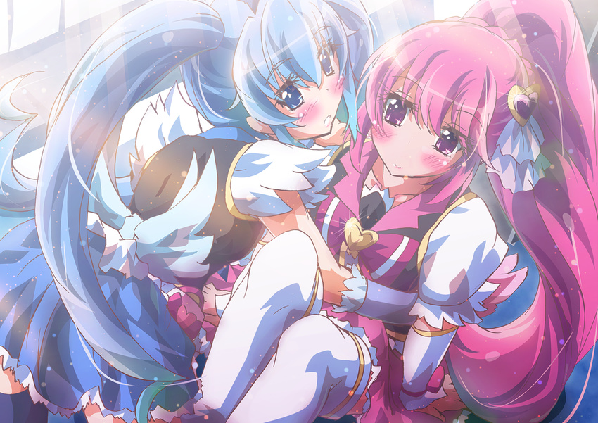 2girls aino_megumi blue_eyes blue_hair boots cure_lovely cure_princess happinesscharge_precure! inoshishi long_hair pink_eyes pink_hair ponytail precure shirayuki_hime skirt thighhighs twintails