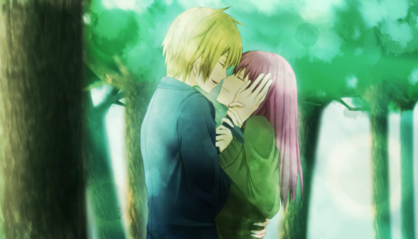 1girl arm_holding bad_id bad_pixiv_id blonde_hair closed_eyes commentary couple forest hand_on_another's_face height_difference hetero highres kokorosai long_hair nature original purple_hair red_hair short_hair smile sweater tree
