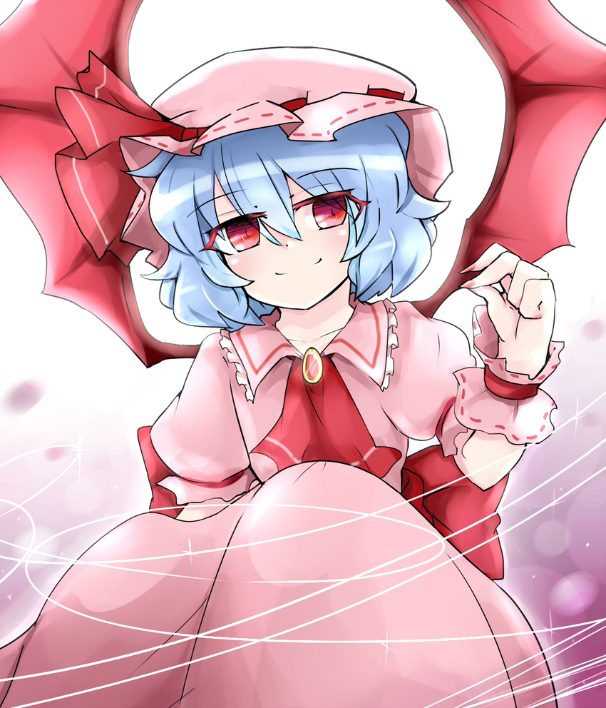 ascot bat_wings blue_hair brooch fingernails gradient gradient_background hand_up hat hat_ribbon head_tilt highres jewelry light_trail long_fingernails looking_at_viewer mob_cap nail_polish nobu_baka puffy_short_sleeves puffy_sleeves red_eyes remilia_scarlet ribbon short_hair short_sleeves skirt skirt_set smile solo squatting touhou wings wrist_cuffs