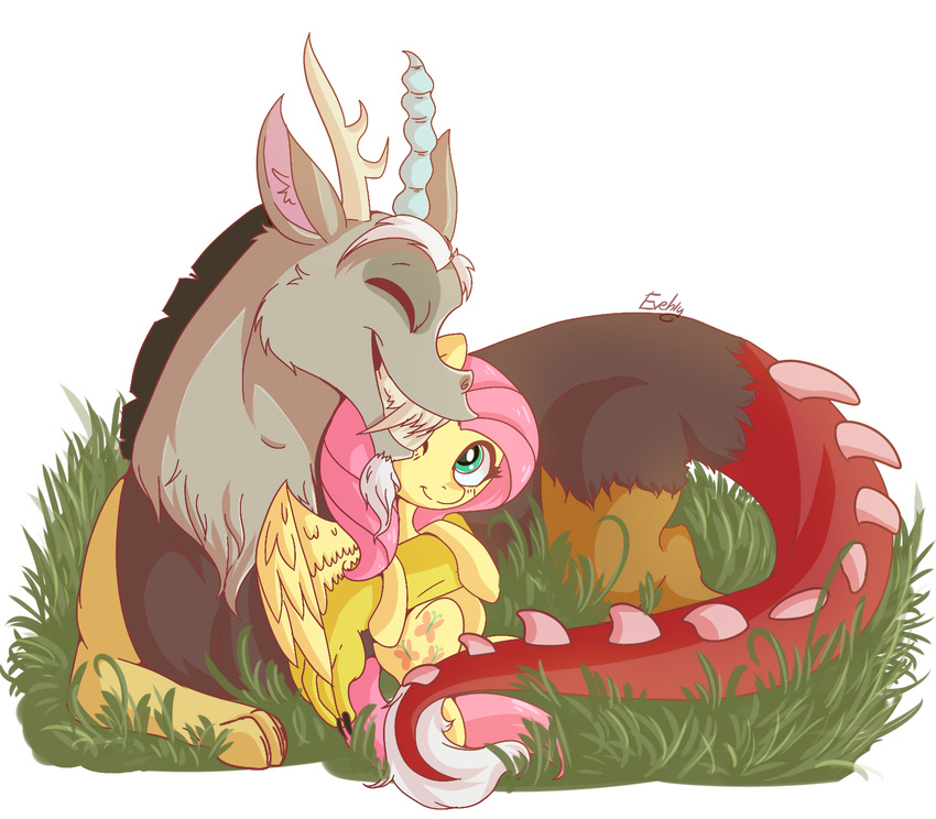 cutie_mark discord_(mlp) draconequus duo equine evehly female fluttershy_(mlp) friendship_is_magic fur grass hair horn horse male mammal my_little_pony pegasus pink_hair plain_background pony smile tails teeth white_background wings yellow_fur