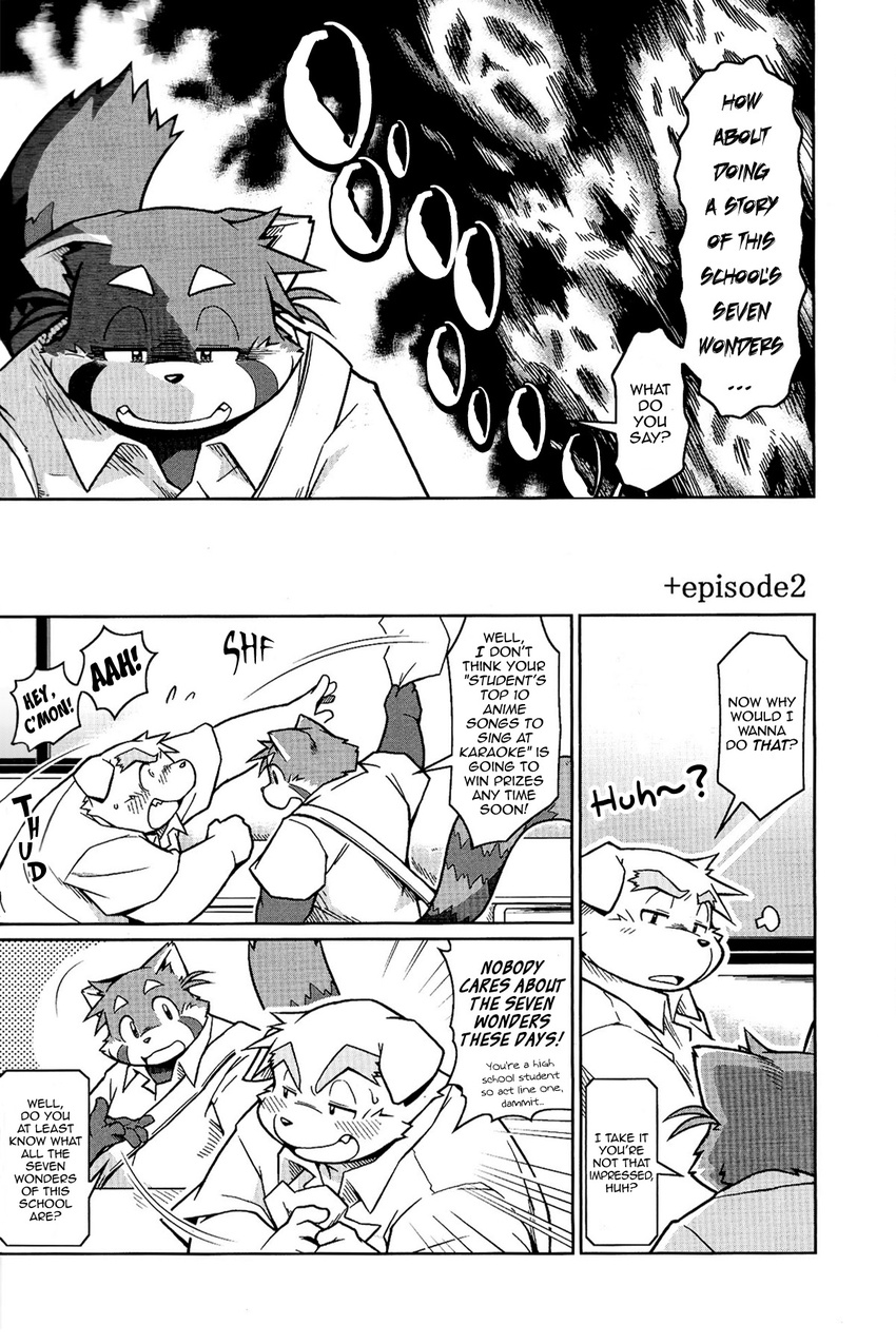 chubby comic dog english_text futaba_kotobuki greyscale male mammal monochrome namihira_kousuke paper red_panda takaki_takashi text