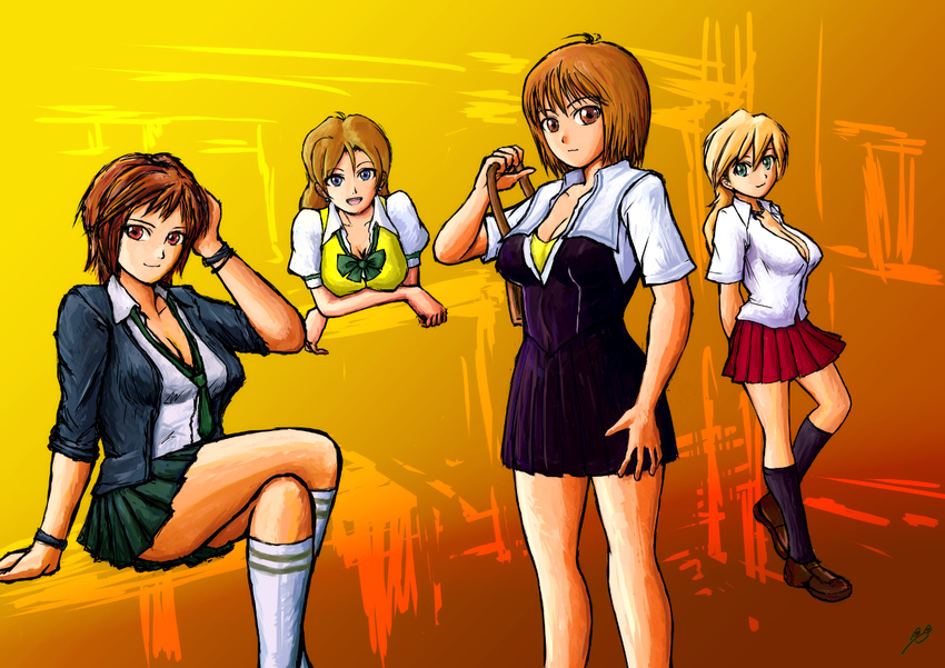 alternate_costume bb_penaz blonde_hair bracelet breasts brown_hair cleavage copyright_request crossed_legs crossover dead_or_alive dead_or_alive_5 ichinose_hibiki jewelry kiriya_satomi kisarah_westfield loose_necktie mila_(doa) multiple_crossover multiple_girls necktie red_hair school_uniform short_hair sitting socks true_love_story tsuukai_gangan_koushinkyoku