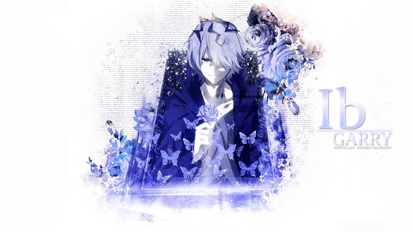 blue_eyes blue_hair bug butterfly character_name coat collarbone copyright_name english fallendemonakaldrich flower garry_(ib) hair_over_one_eye holding ib insect jpeg_artifacts looking_at_viewer male_focus rose simple_background smirk solo text_focus wallpaper white_background