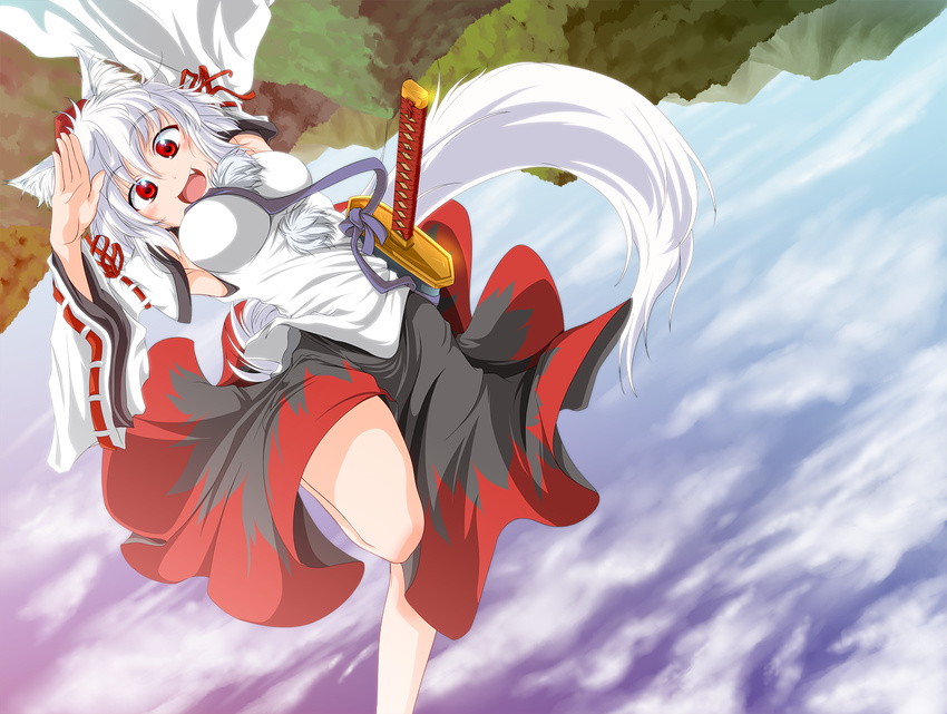 animal_ears bare_shoulders breasts dagitsune_yuu detached_sleeves fang hat highres inubashiri_momiji large_breasts looking_at_viewer mountain open_mouth pom_pom_(clothes) red_eyes short_hair silver_hair skirt sky solo sword tail tokin_hat touhou weapon weapon_bag wolf_ears wolf_tail