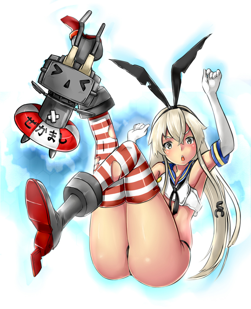 &gt;_&lt; :&lt; armpits black_panties blonde_hair blush cannon closed_eyes elbow_gloves gloves hair_ornament hairband highres kantai_collection kz_(kazuma-rising) lifebuoy long_hair open_mouth panties rensouhou-chan shimakaze_(kantai_collection) silver_eyes sleeveless solo striped striped_legwear thighhighs torn_clothes turret underwear weapon