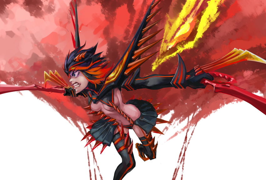 absurdres bared_teeth black_hair blue_eyes boots breasts claw_(weapon) crusader_kevin dual_wielding highres holding kill_la_kill matoi_ryuuko medium_breasts multicolored_hair red_hair revealing_clothes scissor_blade senketsu serious short_hair showgirl_skirt solo spikes suspenders thigh_boots thighhighs two-tone_hair underboob weapon