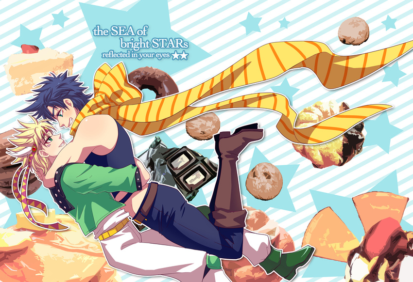 blonde_hair blue_eyes blue_hair boots caesar_anthonio_zeppeli facial_mark green_eyes green_jacket headband hug jacket jojo_no_kimyou_na_bouken joseph_joestar_(young) multiple_boys nightcat scarf