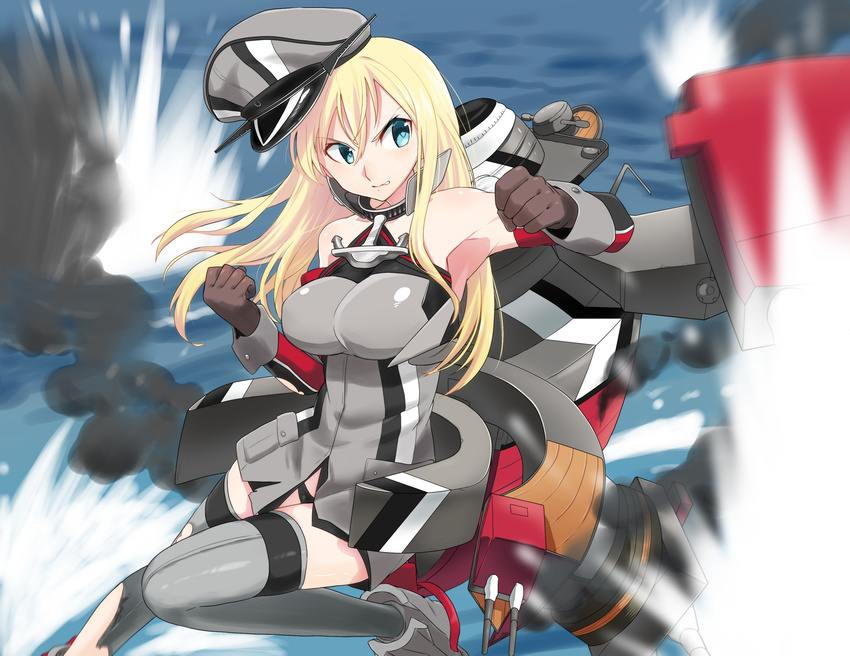 absurdres anchor bare_shoulders bismarck_(kantai_collection) blonde_hair blue_eyes cannon grey_legwear hat highres kantai_collection long_hair military military_hat military_uniform minatasiro ocean smoke solo thighhighs torn_clothes turret uniform weapon