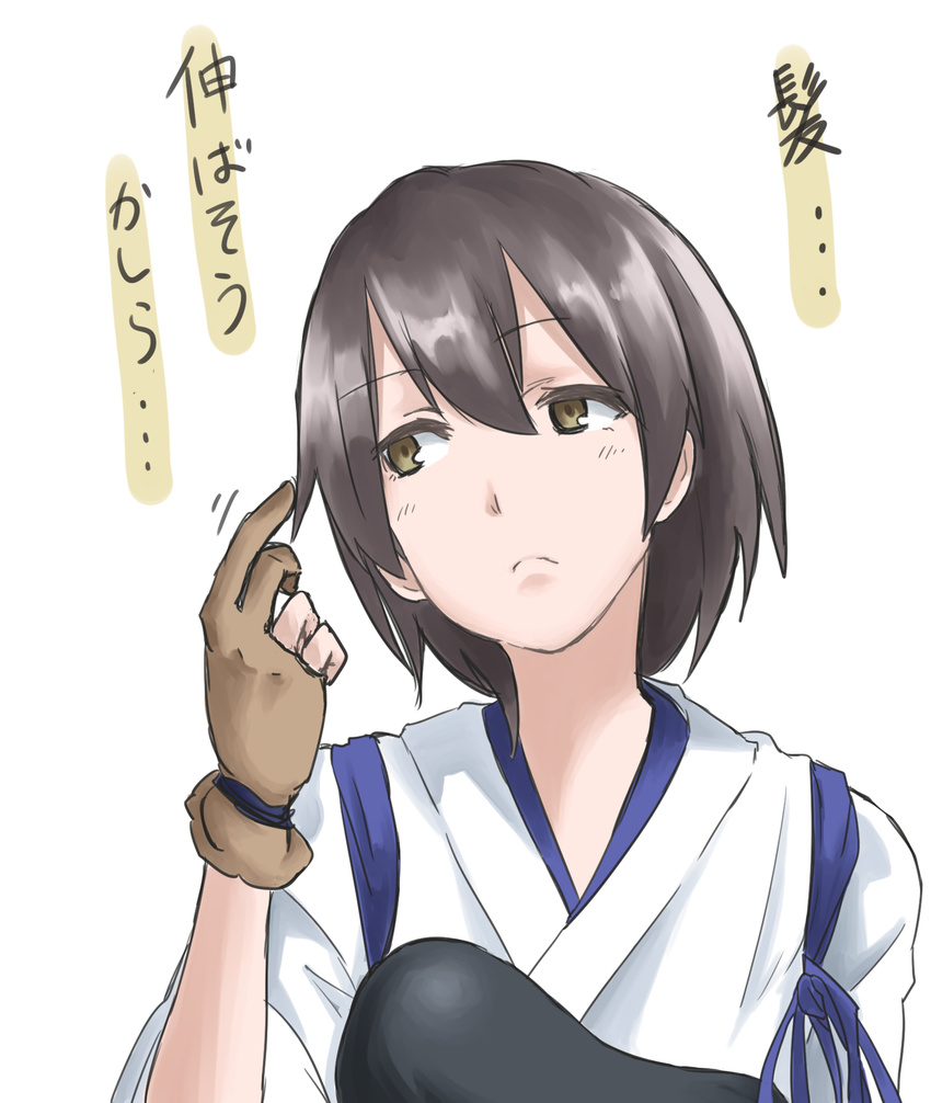 alternate_hair_length alternate_hairstyle bad_id bad_pixiv_id brown_eyes brown_hair commentary_request gloves highres kaga_(kantai_collection) kantai_collection muneate short_hair single_glove solo translated tsukamoto_minori