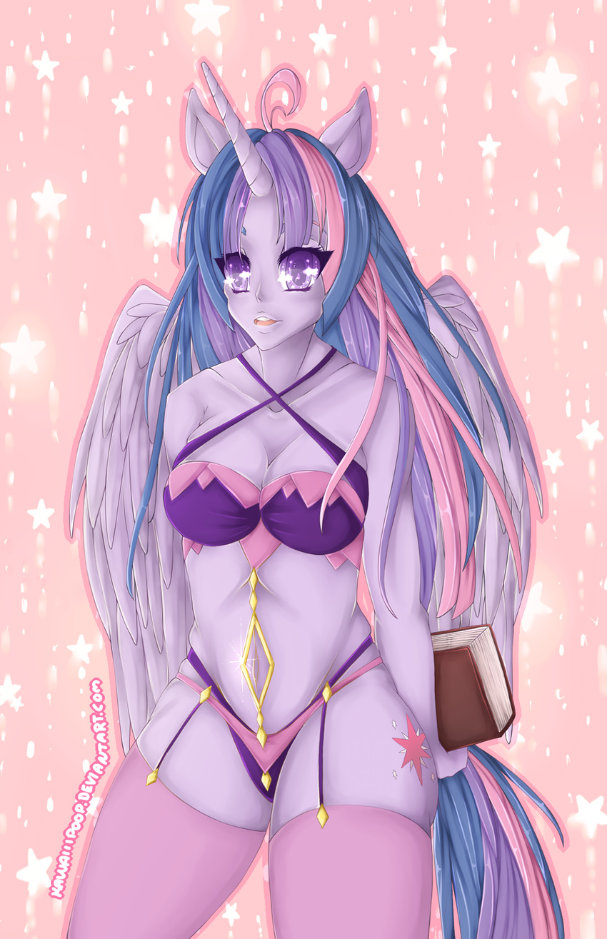 anthro blue_hair book bra breasts cleavage clothed clothing cutie_mark equine feathers female friendship_is_magic hair horn horse kawaiiipoop legwear lips long_hair mammal my_little_pony panties pink_hair pony purple_eyes purple_feathers purple_hair purple_skin smile solo standing stockings twilight_sparkle_(mlp) underwear winged_unicorn wings