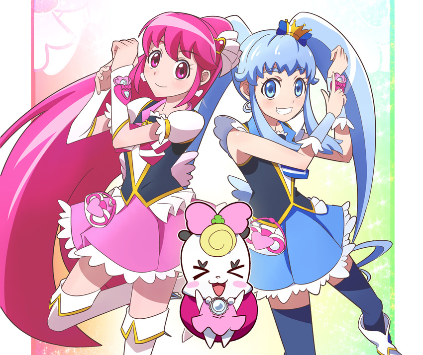 aino_megumi bad_id bad_pixiv_id black_legwear blue_eyes blue_hair blue_skirt boots bow creature crown cure_lovely cure_princess earrings grin gudon_(iukhzl) hair_ornament happinesscharge_precure! heart heart_hair_ornament jewelry long_hair magical_girl mini_crown multiple_girls pink_bow pink_eyes pink_hair pink_skirt ponytail precure ribbon_(happinesscharge_precure!) shirayuki_hime shoes skirt smile thigh_boots thighhighs twintails white_legwear wide_ponytail wrist_cuffs zettai_ryouiki