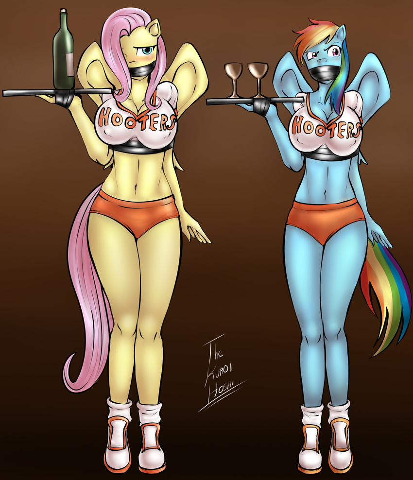 anthro bdsm big_breasts blue_eyes blush bondage bound breasts cleavage clothed clothing dakuroihoshi duo equine female fluttershy_(mlp) flutteshy_(mlp) friendship_is_magic gag glass hair hooters horse mammal multi-colored_hair my_little_pony navel pegasus pink_hair pony purple_eyes rainbow_dash_(mlp) rainbow_hair shirt shorts standing wine_bottle wine_glass wings