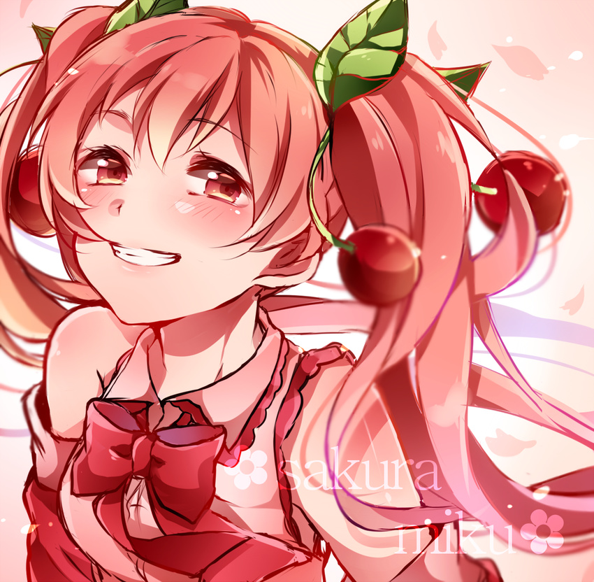 bad_id bad_pixiv_id bow bowtie character_name cherry detached_sleeves food fruit grin hatsune_miku kuromiwa-38 long_hair red_eyes red_hair sakura_miku smile solo twintails vocaloid